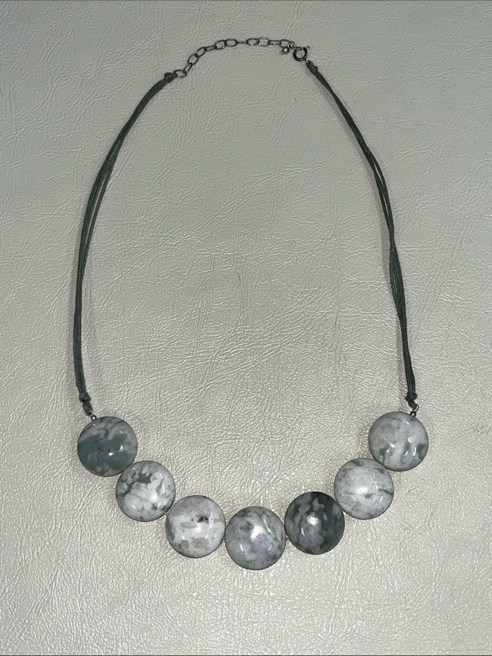 Gray Polished Marbled Disc Necklace with Dark Green Cord